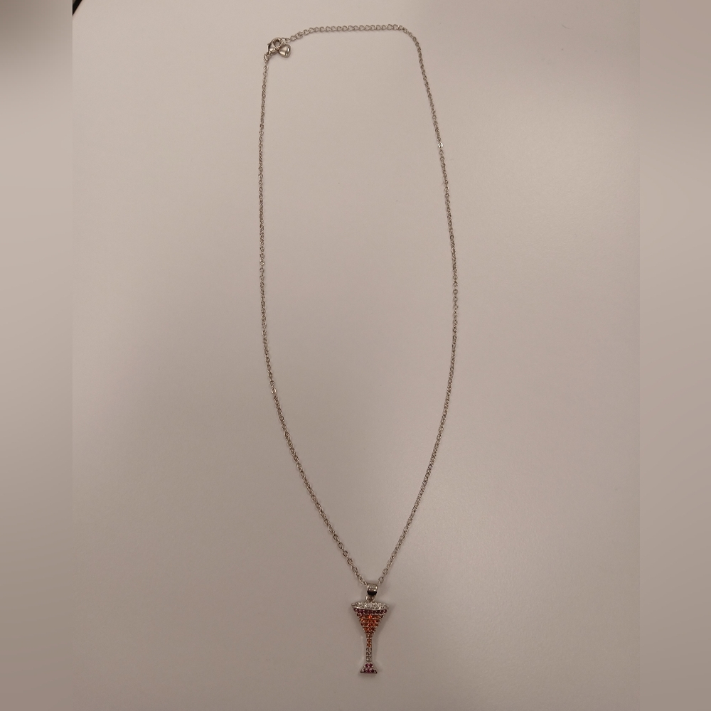 Nwot 18k White Gold Plated Necklace with Parve Wine Glass Pendant 16-18"